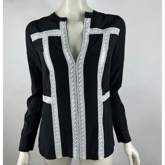 BCBGMaxazria Maggie Washable Silk Lace Blouse Women XXS NWT Long Sleeve BlackTop - Picture 9 of 15